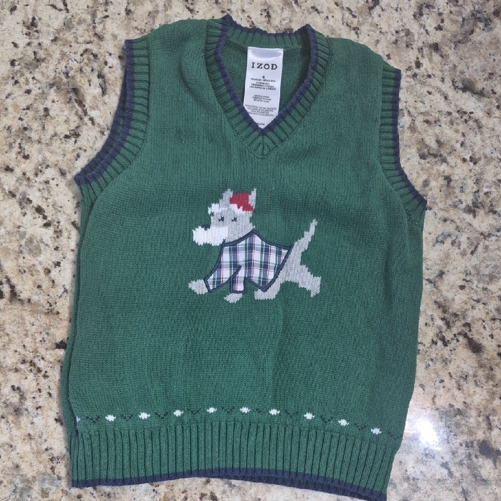 Izod Green Sweater Vest with Plaid Dog Design